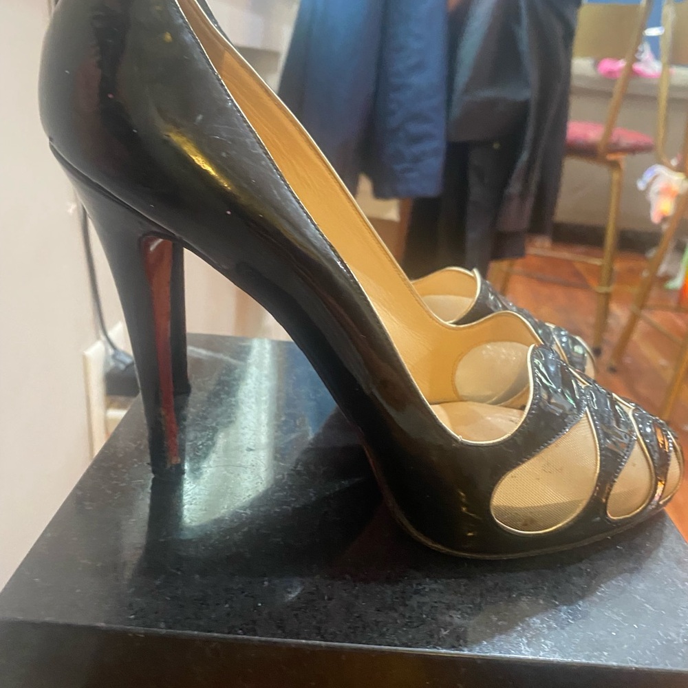 Christian Louboutin Black Patent Leather and Mesh Pumps - Picture 5 of 10